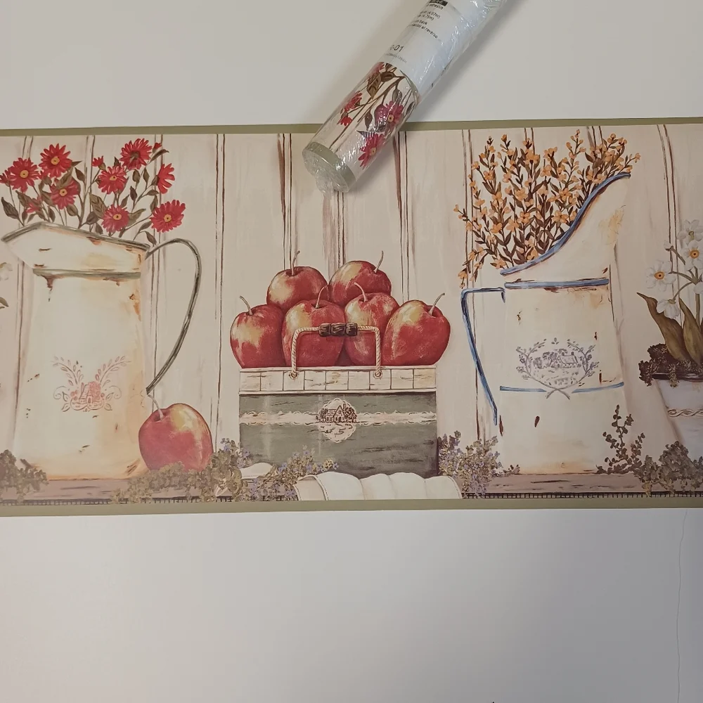 Wallpaper Border Vintage Pitcher Flower Vases & Apples
